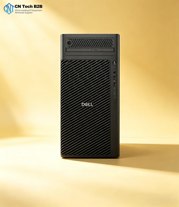 Dell Pro Max Tower T2 close-up front view, optimized airflow front grille, quiet cooling for long AI runtime