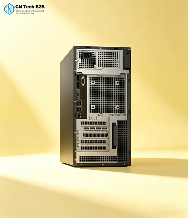 Dell Pro Max Tower T2 rear side angle view, robust industrial build, excellent thermal design for sustained AI workloads