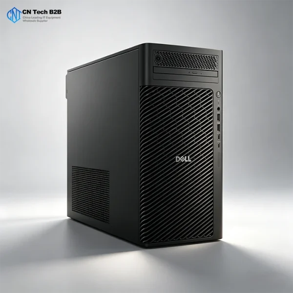 Dell Pro Max Tower T2 business tower workstation, front angle view, powerful AI local large model computing, enterprise desktop PC for heavy multitasking