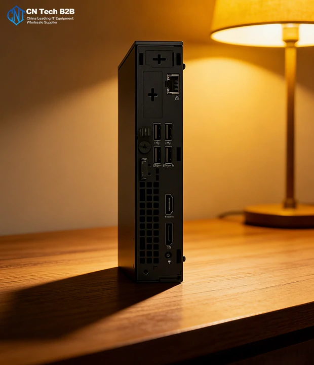 DELL Pro QCM1250 home office rear view, hybrid work desktop, business PC connectivity, remote work computer