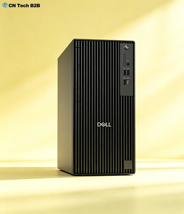 Dell QBT1250 business desktop dynamic front side view, durable high build quality for long term commercial and bulk deployment