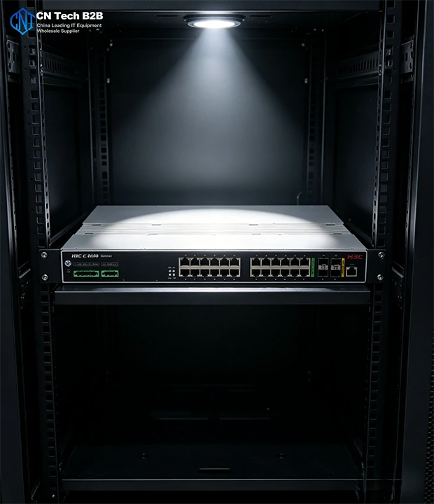 H3C IE4500-G industrial switch installed in standard server rack, reliable high performance operation in indoor industrial control cabinet high temperature conditions