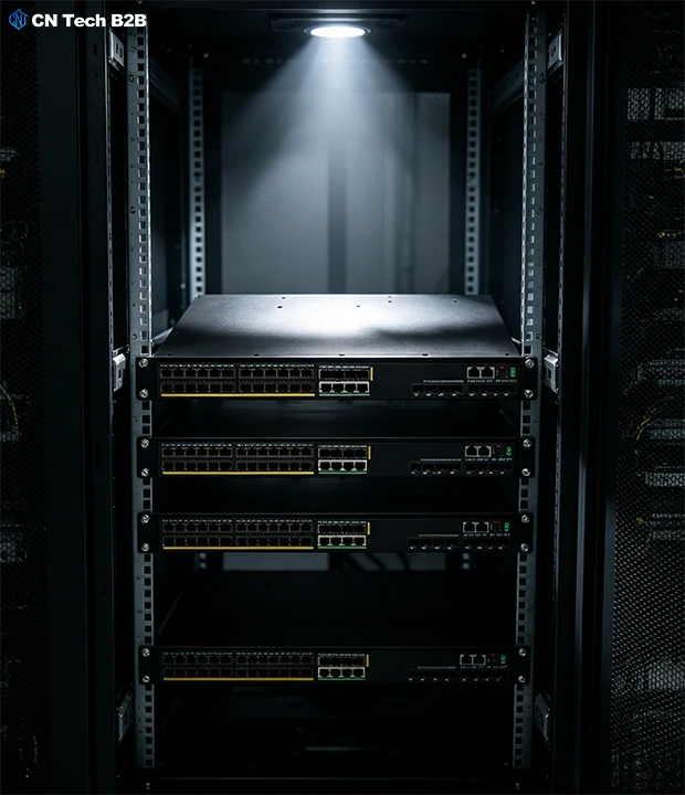 Stacked H3C S5590 series switches in server rack, IRF virtual stacking for simplified large enterprise network management and redundancy