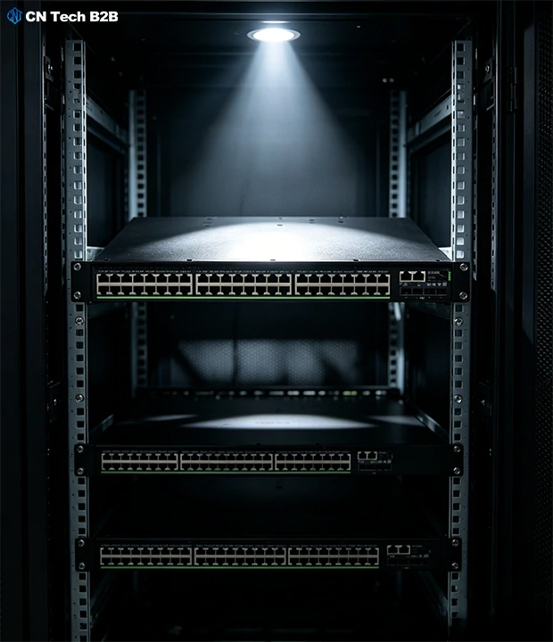 Multiple H3C S5590 series switches installed in standard 19 inch server rack, easy enterprise data center scalable stacking deployment