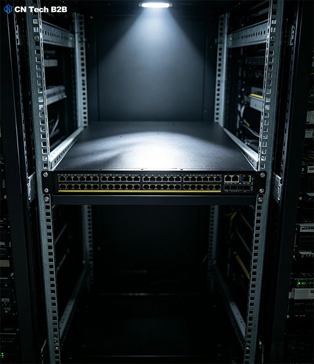 Single H3C S5590 gigabit switch securely mounted in standard IT server rack cabinet for core network operation