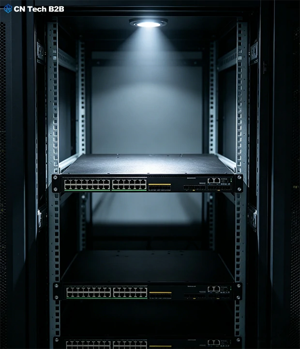 Angled rack view of H3C S5590 enterprise Layer 3 switch, built for high bandwidth, low latency modern enterprise and cloud network workloads