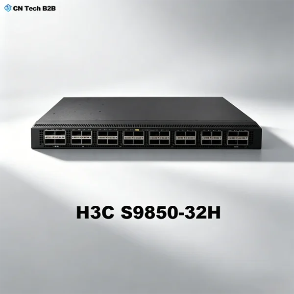 Front view of H3C S9850-32H fixed switch, 32-port 400G QSFP-DD ports, high-density spine-leaf switch for data center networks