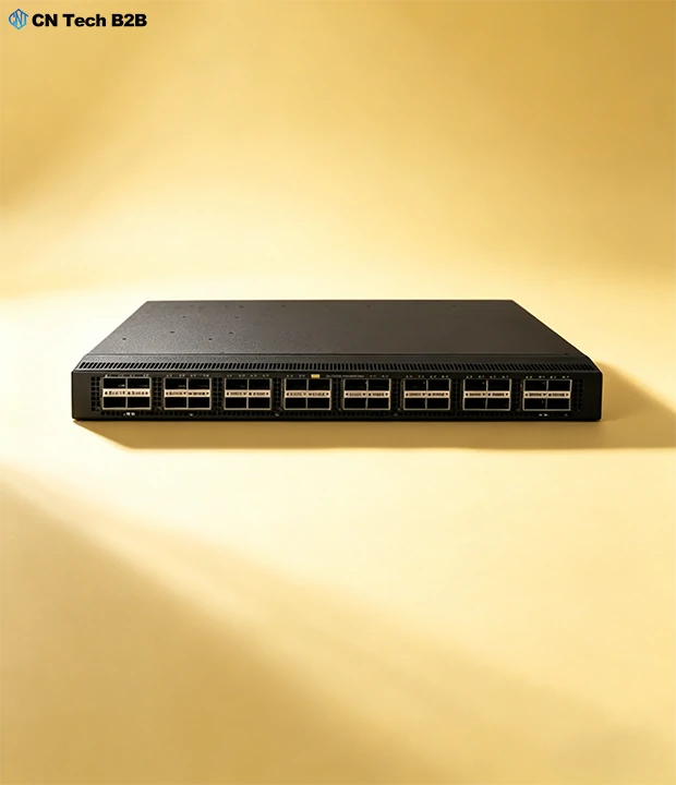 Close-up of H3C S9850-32H fixed switch front panel, showing 32x 400G QSFP-DD ports and high-density connectivity