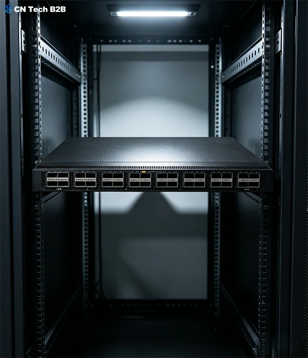 H3C S9850-32H 32-port 400G switch installed in standard 19-inch server rack, showing data center deployment