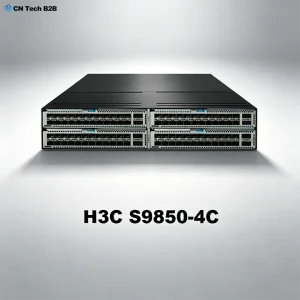 H3C S9850-4C modular core switch studio hero view, 4-slot chassis, high-density 100G/400G ports, H3C enterprise data center switch