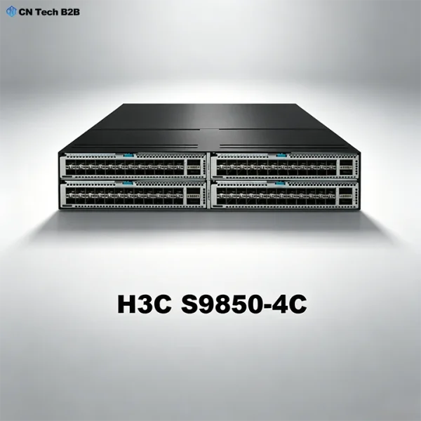 H3C S9850-4C modular core switch studio hero view, 4-slot chassis, high-density 100G/400G ports, H3C enterprise data center switch