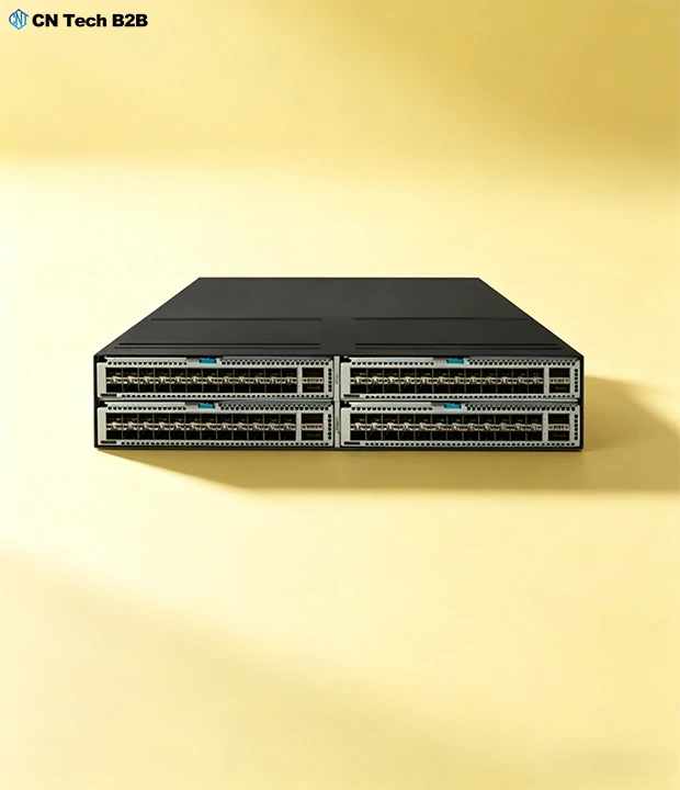Detailed front view of H3C S9850-4C modular switch, showing 4 hot-swappable line card slots and high-density port configurations