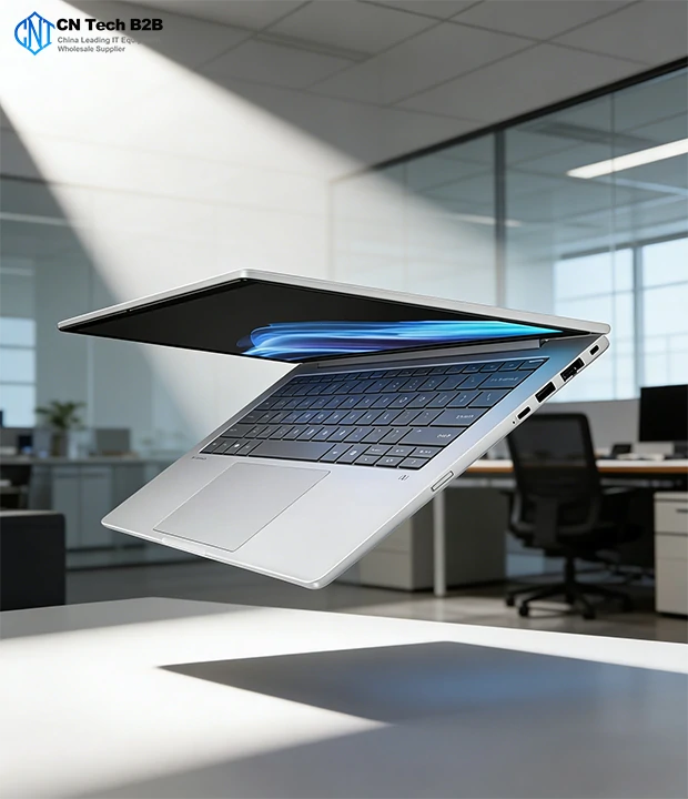 HP EliteBook 8 G1i floating angle, slim design, 14-inch business laptop, premium build