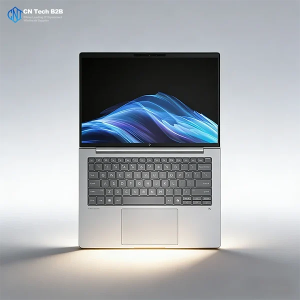 HP EliteBook 8 G1i open view with backlit keyboard, dedicated Microsoft Copilot key, 5MP IR camera privacy shutter, and precision touchpad
