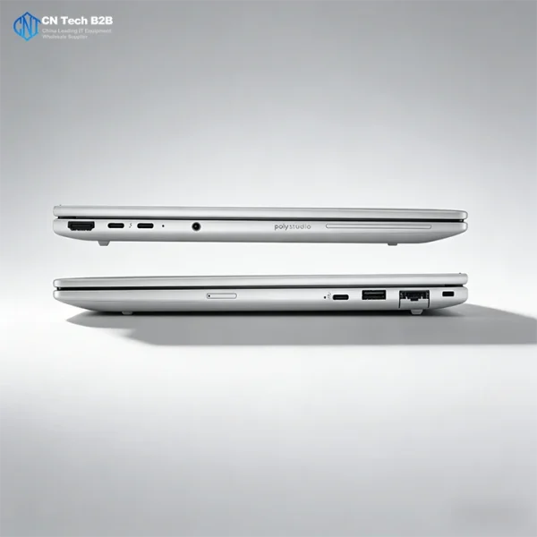 HP EliteBook 8 G1i left side I/O ports including USB-C, USB-A 3.2, RJ45 Ethernet, and headphone jack, durable aluminum chassis