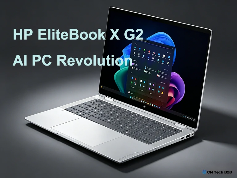 HP EliteBook X G2 laptop with AI PC Revolution text overlay
