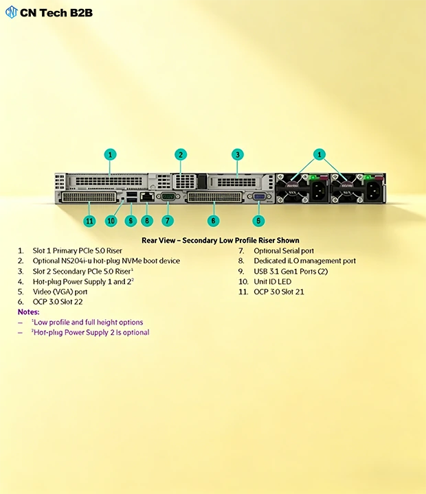 Official labeled rear view diagram of HPE DL325 Gen11 server, marking PCIe riser slots, OCP 3.0 ports, management, video, USB and redundant power connectors