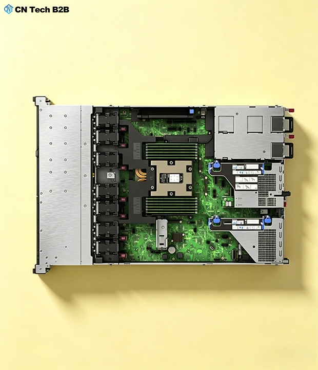 Top-down internal view of HPE DL325 Gen11 server, showing CPU socket, DDR5 DIMM slots, PCIe expansion, drive backplane and main motherboard layout