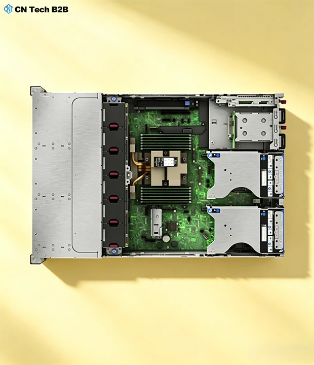 Top-down internal view of HPE DL345 Gen11 server, showing CPU socket, DDR5 DIMM slots, PCIe expansion, drive backplane and main motherboard layout