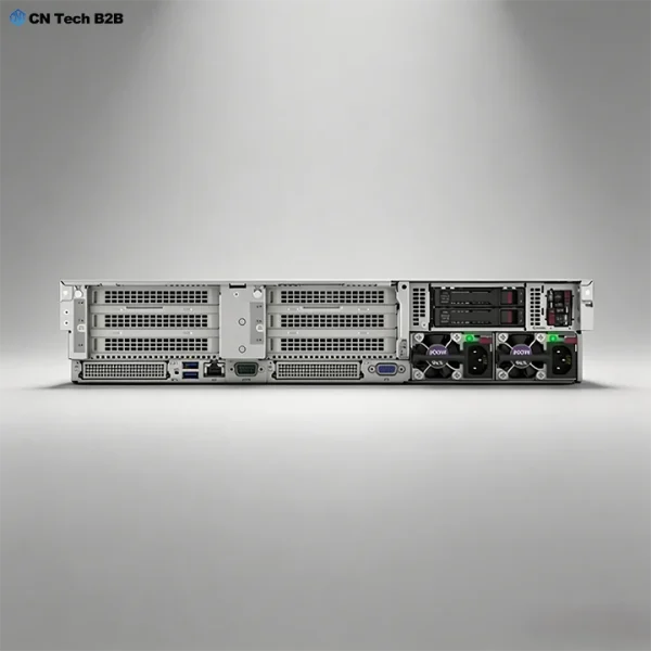 Rear back view of HPE DL345 Gen11 2U rack server, showing full rear IO ports, dual hot-plug redundant power supplies and high efficiency cooling fans