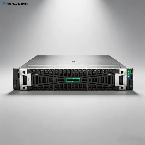 Angled side-front view of HPE ProLiant DL345 Gen11 2U server, showing compact rack form factor and premium durable industrial chassis build quality