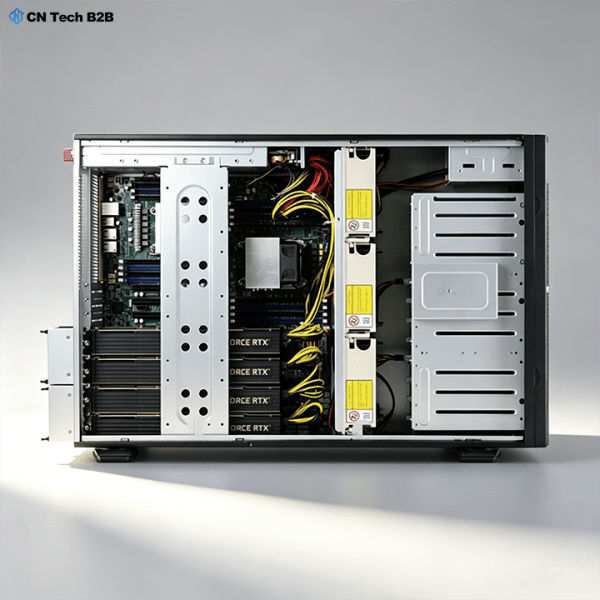 Internal view of CNETX-08 custom tower server, showing multi-GPU expansion slots, high-capacity power supplies, and flexible storage bays for AI, rendering, and high-performance workloads