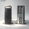 Front and rear view of CNETX-08 custom tower server, showing lockable front panel, honeycomb ventilation, redundant power supplies, and full I/O ports for enterprise workloads