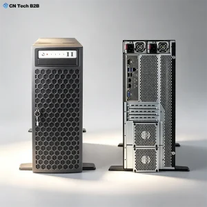 Front and rear view of CNETX-08 custom tower server, showing lockable front panel, honeycomb ventilation, redundant power supplies, and full I/O ports for enterprise workloads