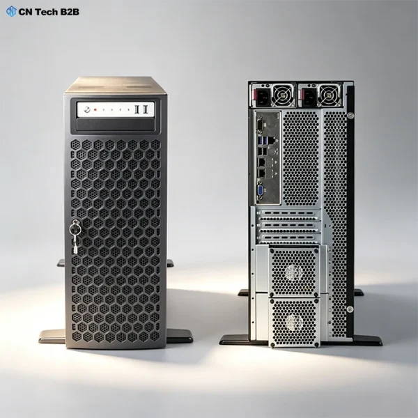 Front and rear view of CNETX-08 custom tower server, showing lockable front panel, honeycomb ventilation, redundant power supplies, and full I/O ports for enterprise workloads