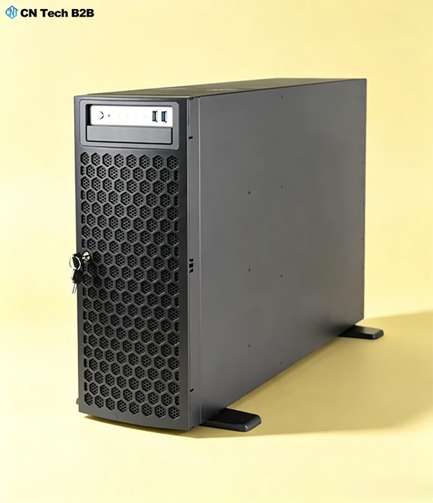 Angled front view of CNETX-08 custom tower server, showing lockable honeycomb front panel, status indicators, and rugged chassis design for enterprise use