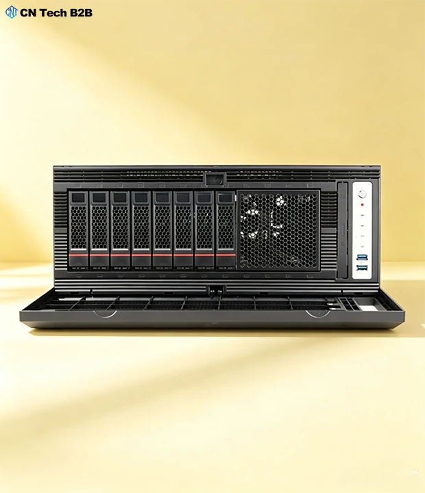 Close-up view of CNETX-08 server front panel with 8 hot-swap drive bays, supporting custom HDD/SSD configurations for high-capacity storage workloads
