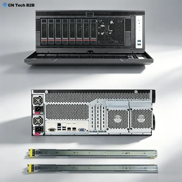 Top-down view of CNETX-08 server front panel, rear I/O, and optional rack mount rails, supporting both tower and rack deployment for flexible IT environments