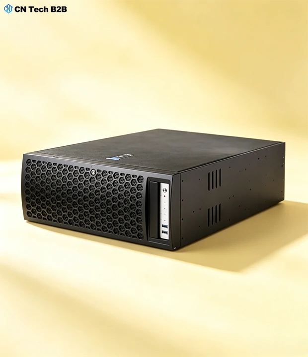 Side view of CNETX-08 custom tower server, showing rugged matte black chassis, ventilation slots, and compact footprint for flexible placement