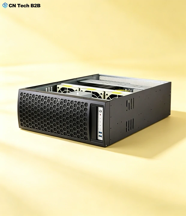 Top-open view of CNETX-08 custom tower server, showing high-efficiency cooling system, modular fans, and easy access for custom upgrades and maintenance