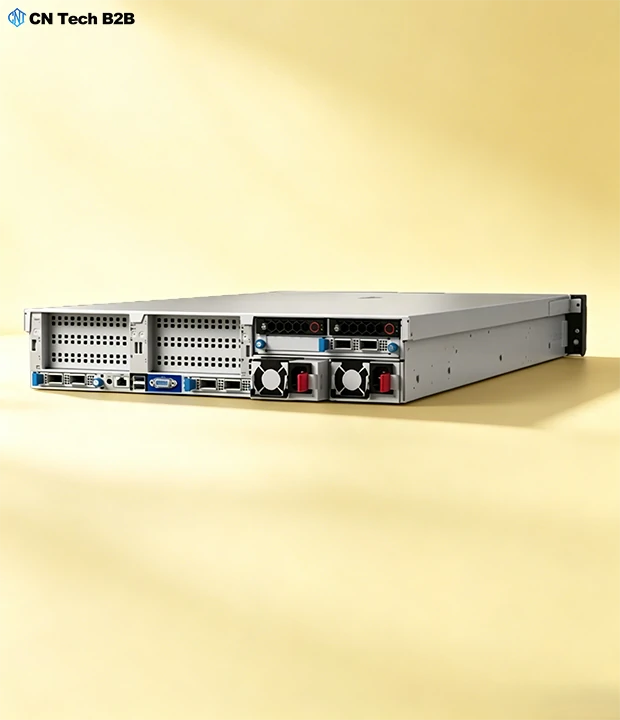 Rear view of H3C R4900 G6 server showing redundant hot-swappable power supplies, hot-swap fans, and comprehensive I/O ports for management and expansion