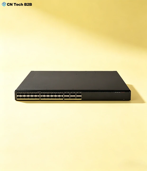 Close-up front view of H3C S6520X-30HF-EI compact switch, showing 24x10G SFP+ and 6x40G QSFP+ ports, ideal for space-saving enterprise distribution