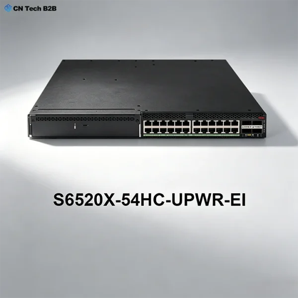Front view of H3C S6520X-54HC-UPWR-EI PoE switch, 48x10GBASE-T PoE+ ports with 6x40G QSFP+ uplinks, high-power Layer 3 enterprise switch