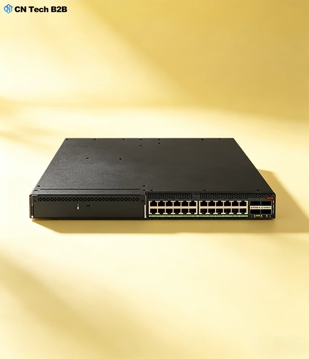 Close-up front view of H3C S6520X-54HC-UPWR-EI PoE switch, showing 48x10GBASE-T PoE+ ports and 40G uplink ports for enterprise wireless and IoT networks