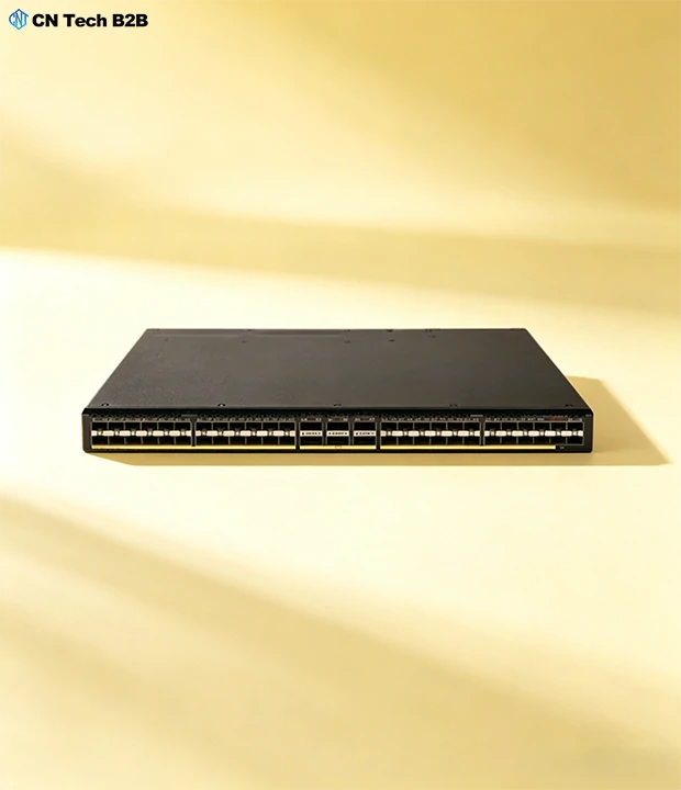 Close-up front view of H3C S6520X-54HF-EI switch, showing 48x10G SFP+ and 6x40G QSFP+ ports, high-density port arrangement for enterprise networks