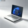Angled view of HP ProBook 4 G1i laptop showing keyboard, touchpad, and Windows 11 interface, highlighting full-size keys and precision trackpad