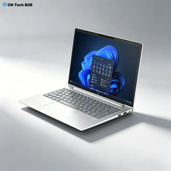 Angled view of HP ProBook 4 G1i laptop showing keyboard, touchpad, and Windows 11 interface, highlighting full-size keys and precision trackpad