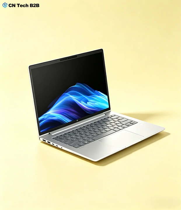 Front view of HP ProBook 4 G1i laptop showing vibrant display, webcam, and full-size keyboard, highlighting enterprise-grade features