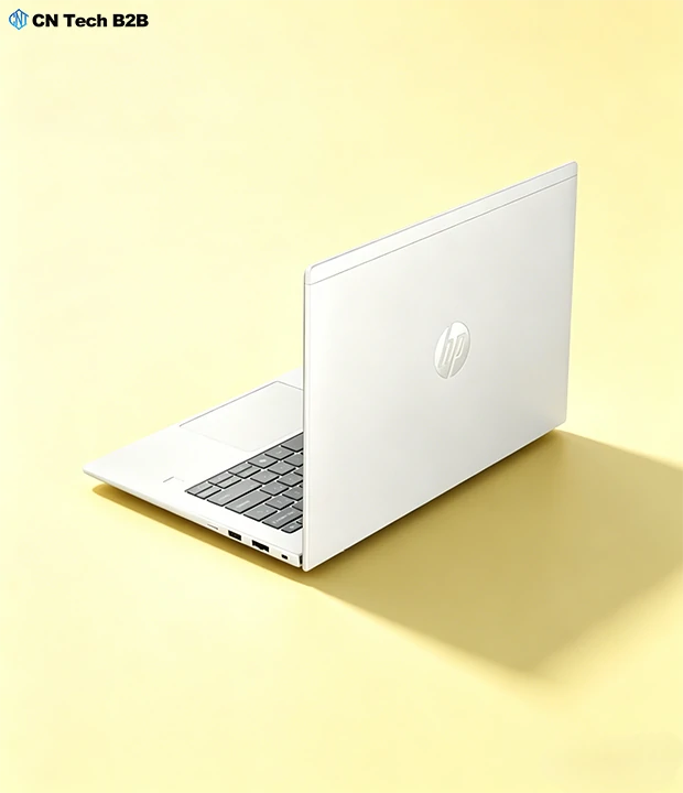 Rear view of HP ProBook 4 G1i laptop showing HP logo on silver chassis, highlighting durable build and premium finish