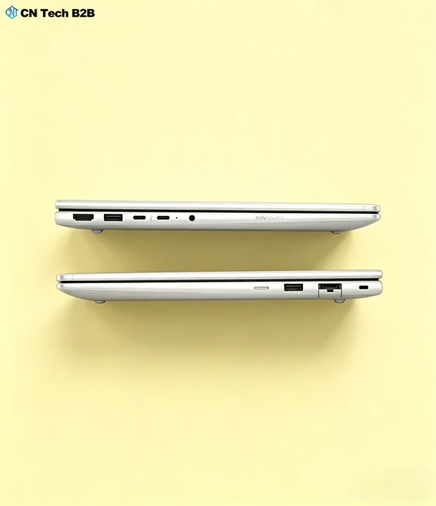 Close-up view of HP ProBook 4 G1i laptop showing full port layout including USB-C, HDMI, USB-A, Ethernet, and audio jacks for business connectivity