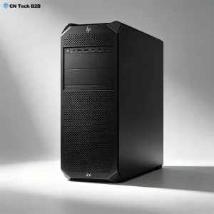 Angled front view of HP Z6 G5 tower workstation with iconic black chassis, HP logo, Z6 badge, and optimized ventilation for professional workloads