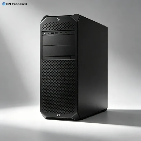 Angled front view of HP Z6 G5 tower workstation with iconic black chassis, HP logo, Z6 badge, and optimized ventilation for professional workloads