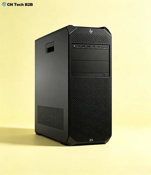 Angled side view of HP Z6 G5 workstation, showing rugged matte black chassis, side ventilation, and compact professional footprint