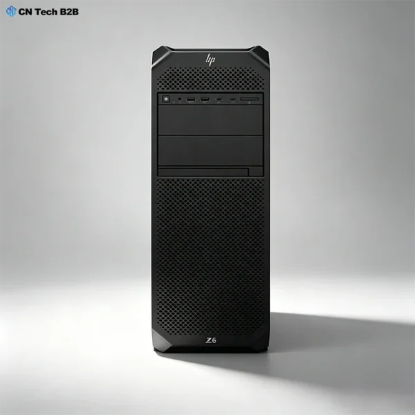 Straight front view of HP Z6 G5 workstation, displaying front USB ports, power button, drive bays, and optimized airflow design
