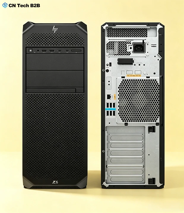Side-by-side view of HP Z6 G5 workstation front and rear panels, demonstrating full design, connectivity, and form factor