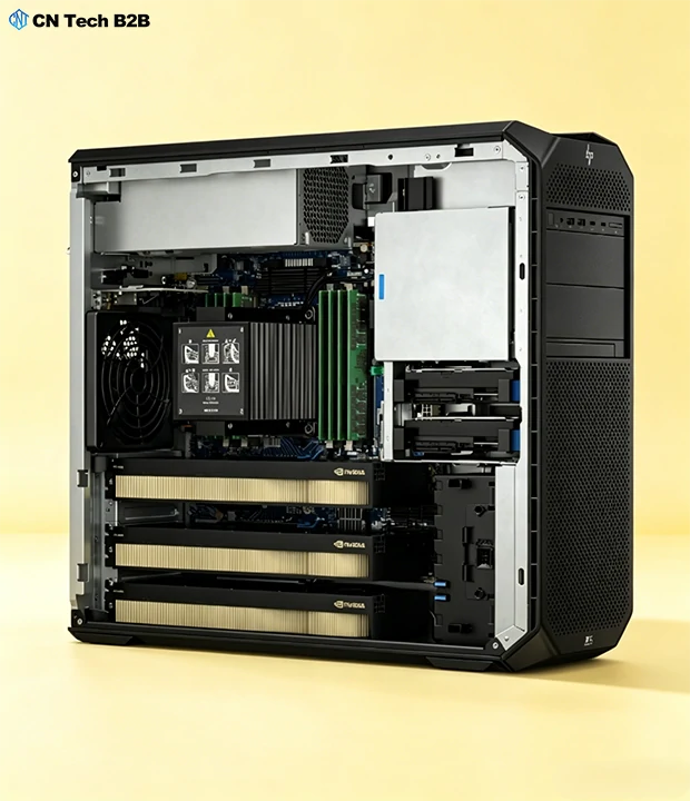 Angled internal view of HP Z6 G5 workstation, showing tool-less access, modular components, and easy upgradeability for memory, storage, and GPUs